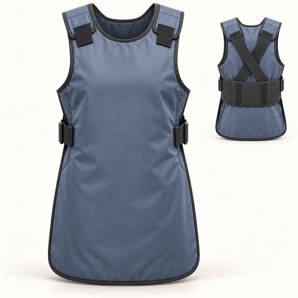 Blue-grey frontal x-ray protection apron with padded shoulders and elastic cross-back support straps.