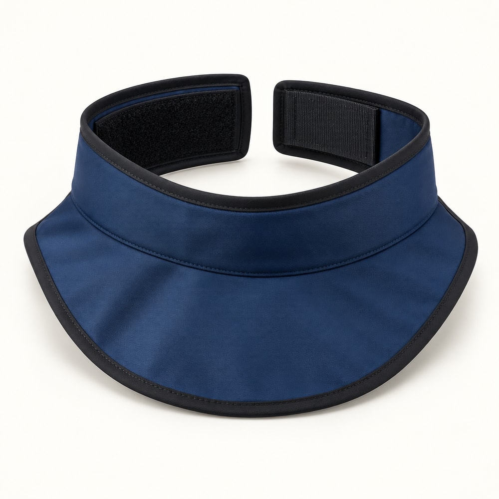 Dark blue x-ray protective thyroid collar with an adjustable wraparound closure.