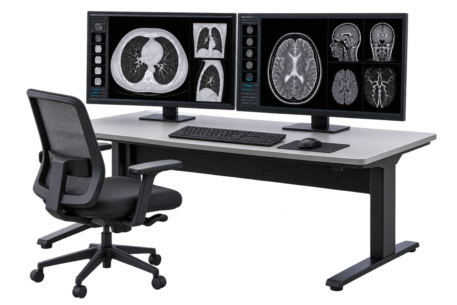 Dual-monitor radiology workstation displaying grayscale diagnostic images