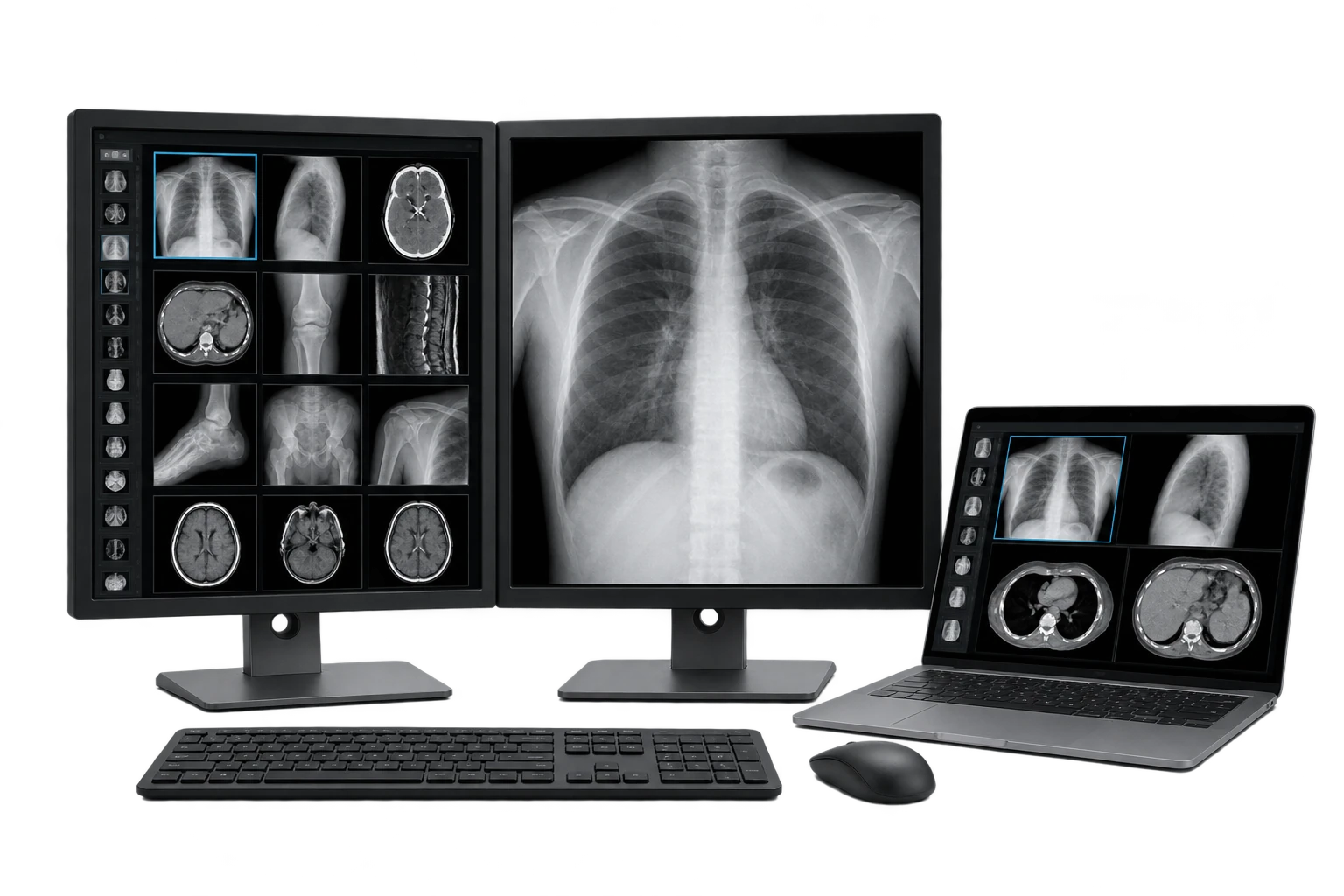 Remote radiology review workstation with diagnostic image displays and a laptop