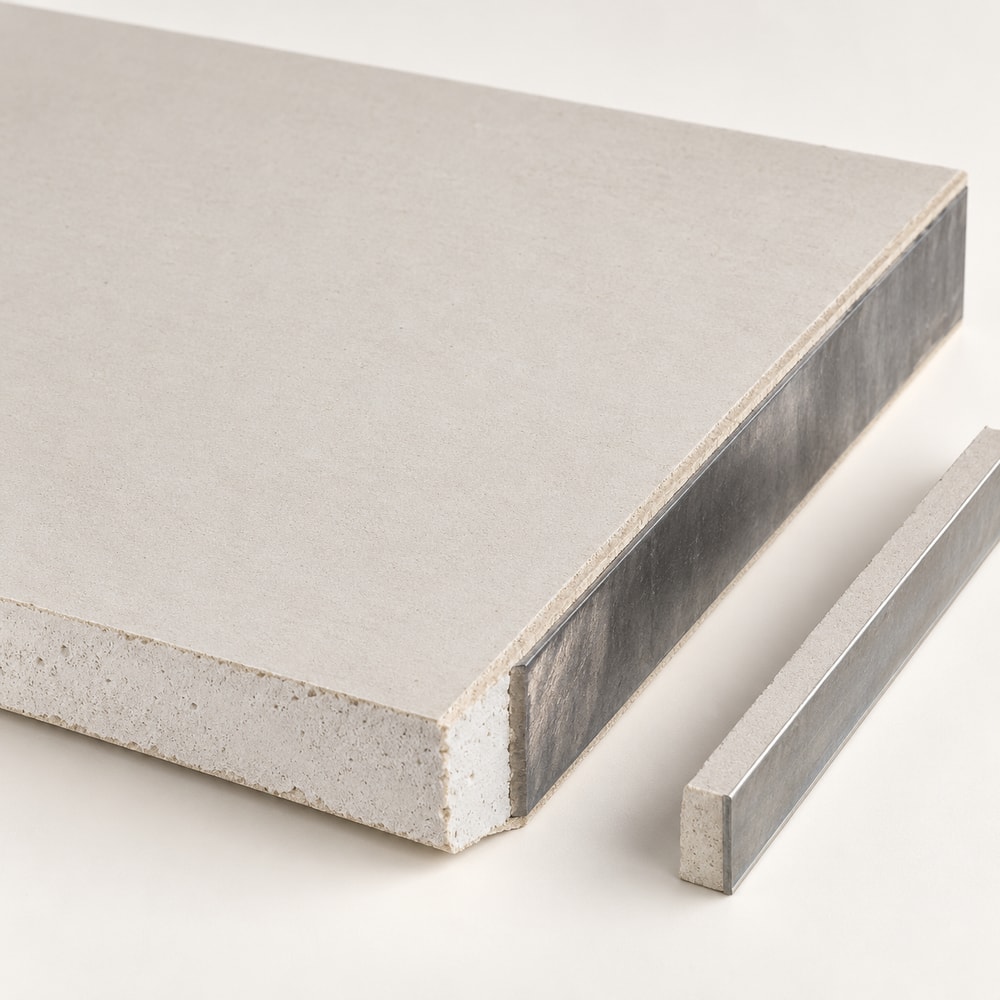Lead-backed gypsum drywall panel with a laminated metal layer visible at the cut edge.