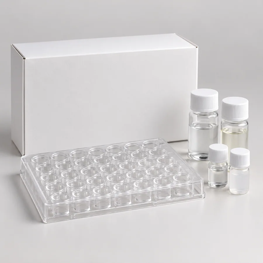 Generic microbial identification test kit with an unmarked reaction panel and plain reagent vials