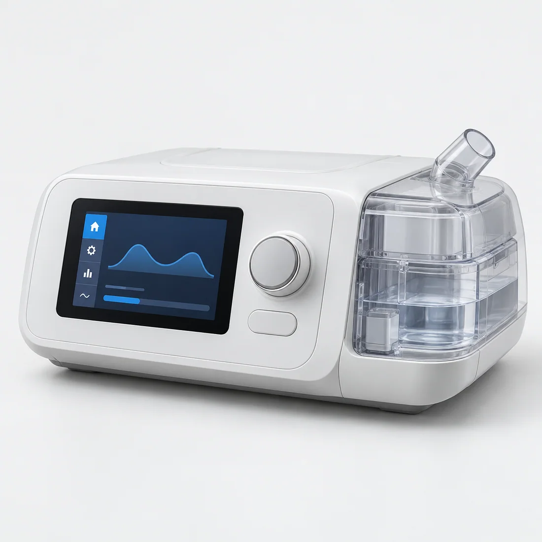 Bilevel positive airway pressure device with a front display, control dial and humidifier chamber