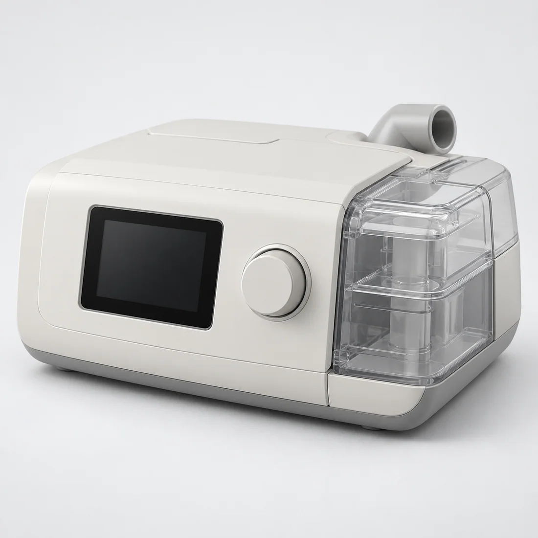 Compact positive airway pressure device with humidifier chamber and front control screen