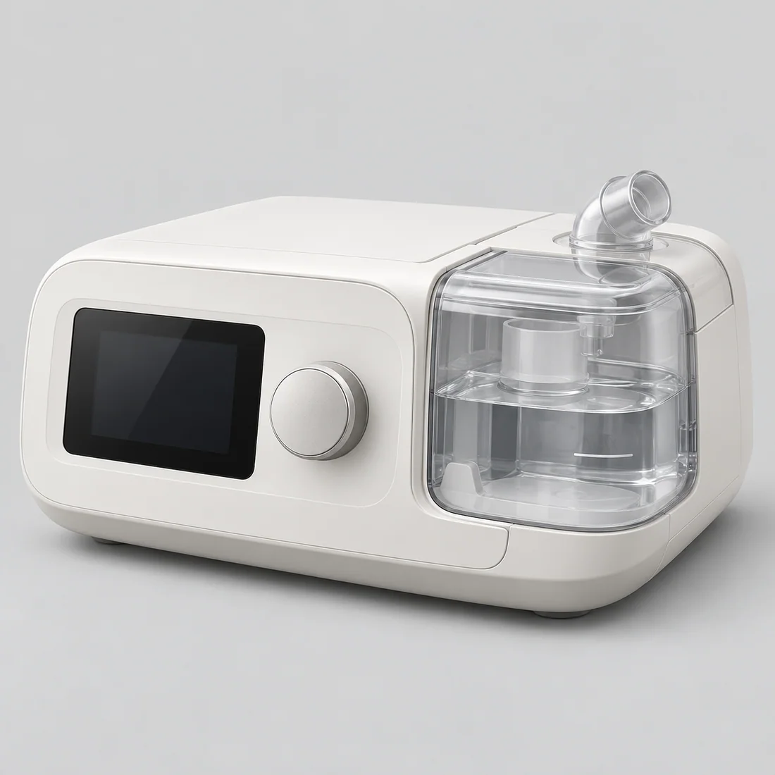 Compact positive airway pressure device with humidifier chamber and front control screen