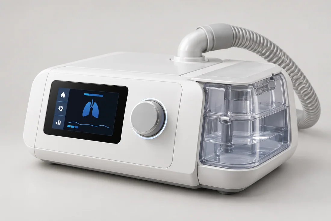 Non-invasive bilevel ventilation device with a colour display and humidifier chamber
