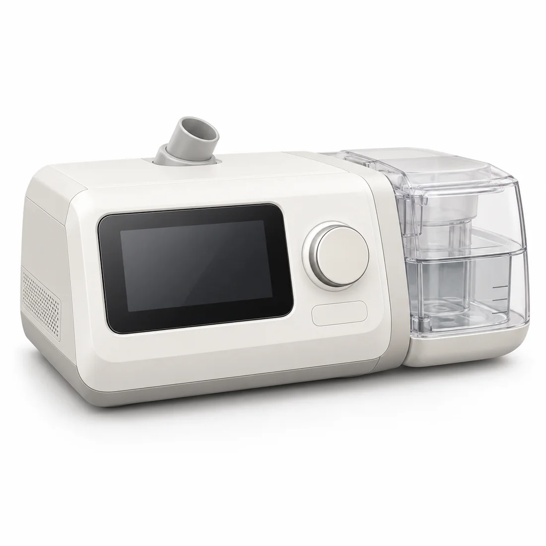 Non-invasive bilevel ventilation device with humidifier chamber and front control screen