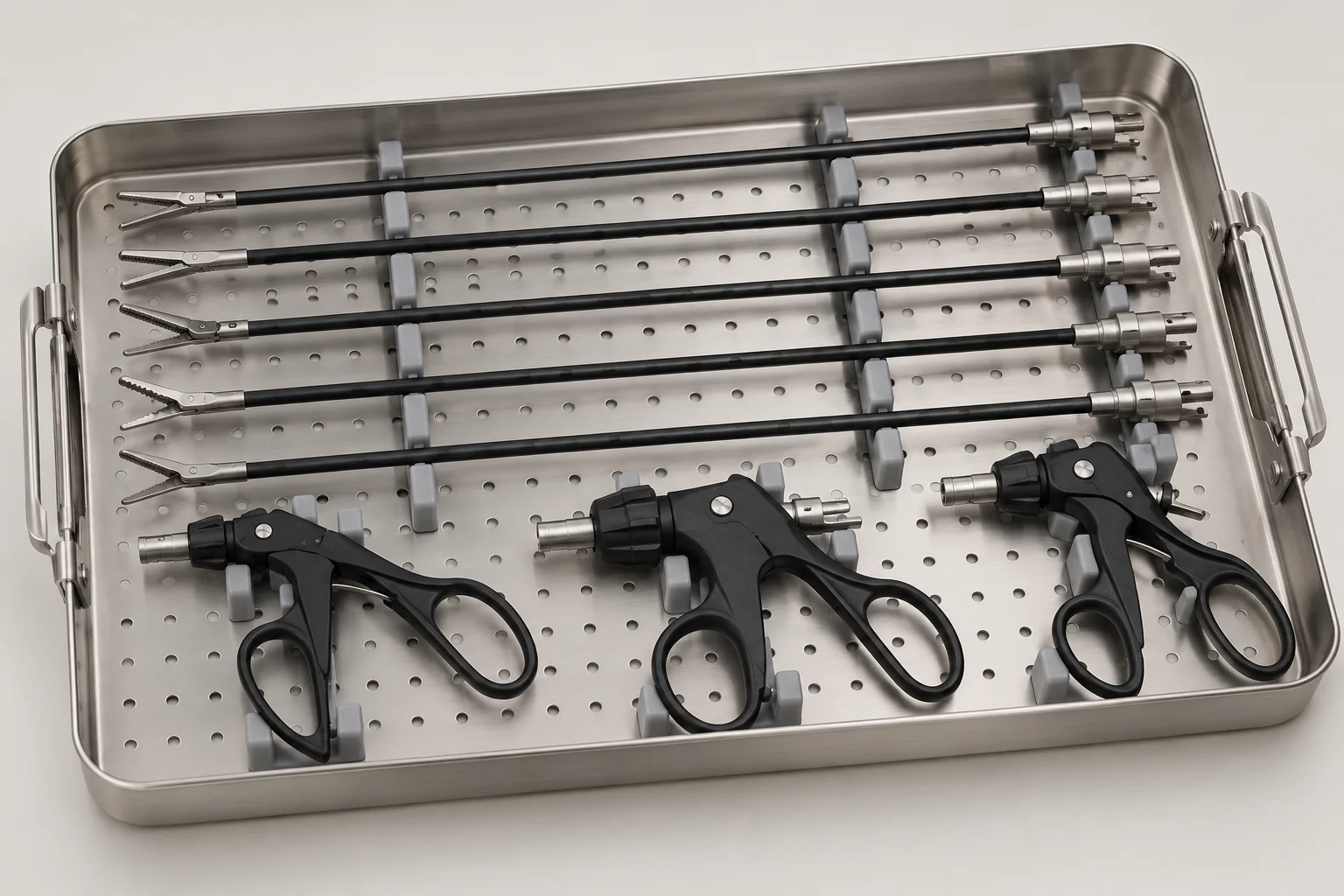 Generic modular mini laparoscopic hand instruments arranged in a sterilization tray