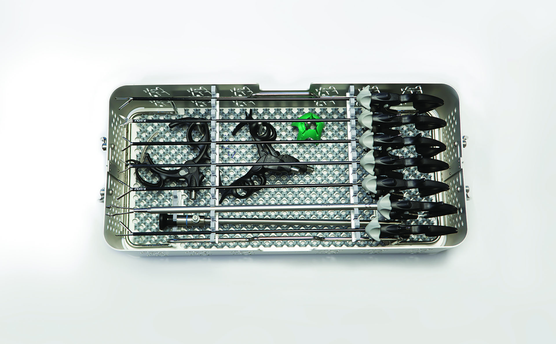 Richard Wolf ERAGONmodular laparoscopic instrument toolbox with multiple hand instruments in a tray, official manufacturer configured-set photograph