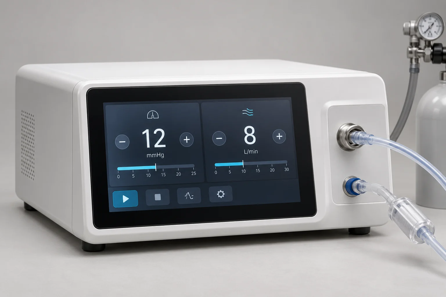Generic high-flow laparoscopic CO2 insufflator console with touchscreen and tubing connections
