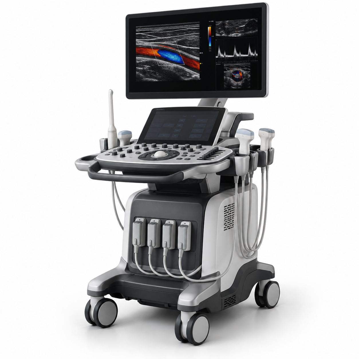 Premium ultrasound workstation with vascular flow imaging displayed on screen