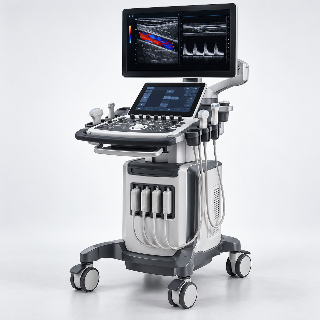 Diagnostic ultrasound workstation with Doppler vascular images on the monitor