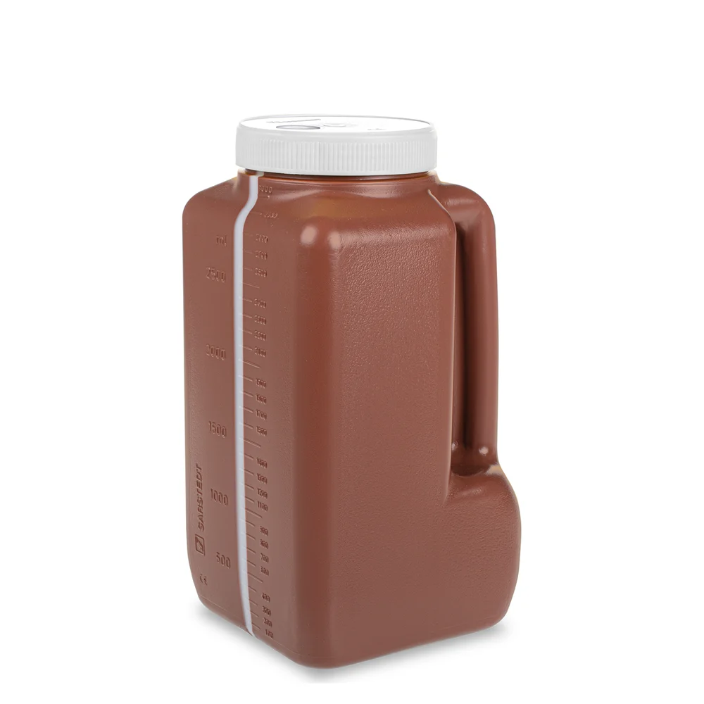 Urine container NFT, 3 l, with integrated needle-free transfer unit, brown, with light protection, graduated