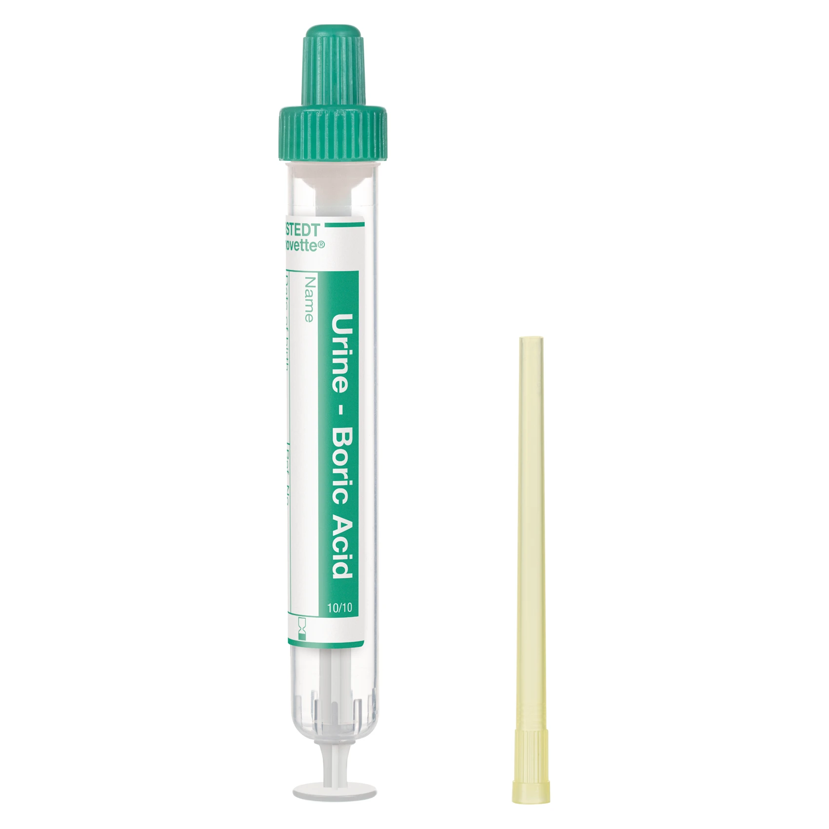 SARSTEDT manufacturer product photograph of SARSTEDT Urine Monovette Boric Acid, 10 mL, green cap (10.253.001)