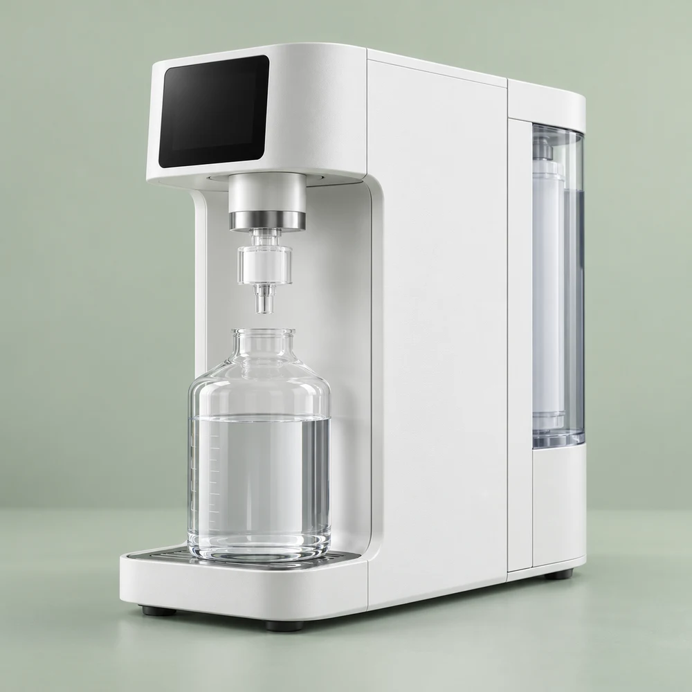 Compact benchtop laboratory ultrapure-water purification system with display and dispensing outlet