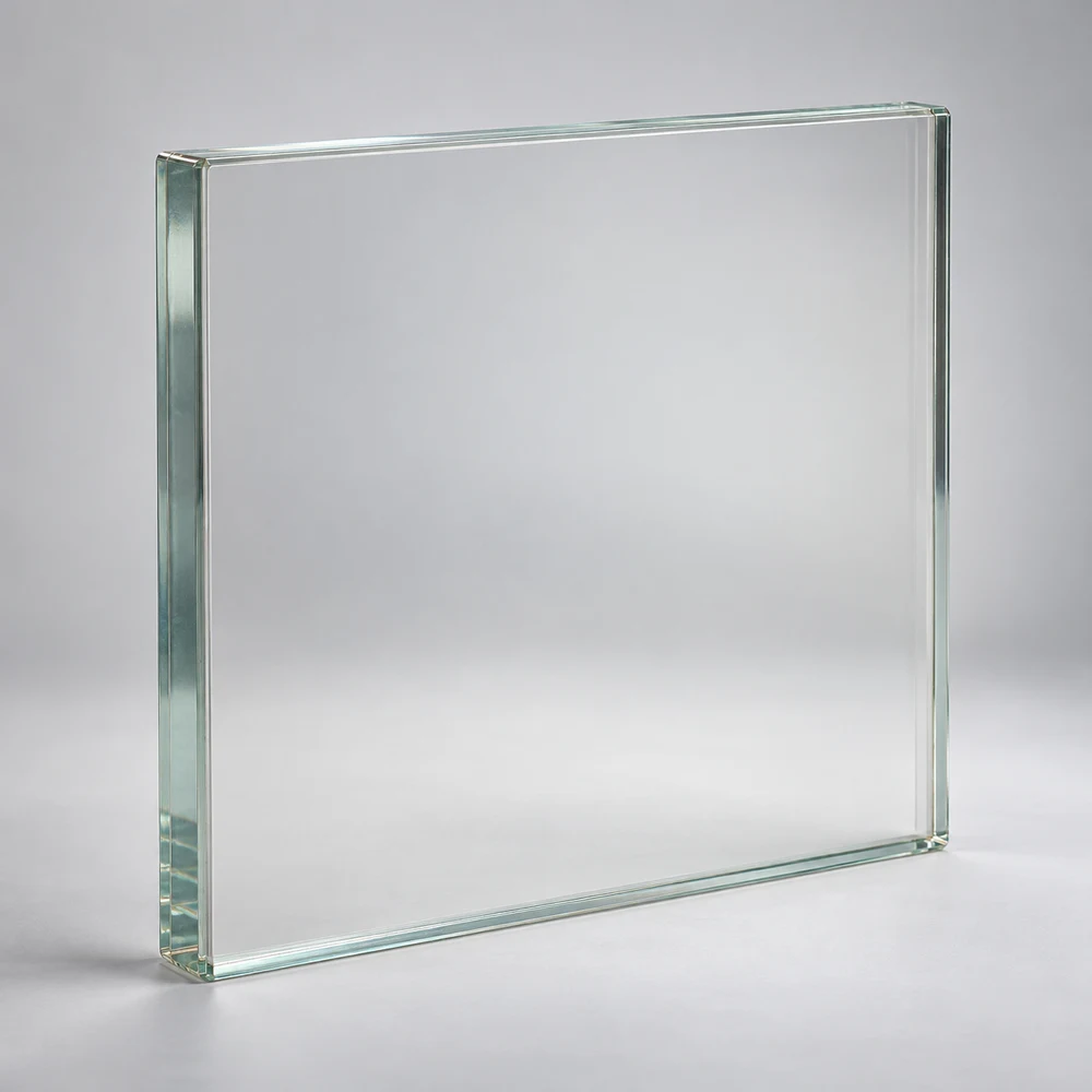 Clear radiation-shielding glass panel with visible glass thickness