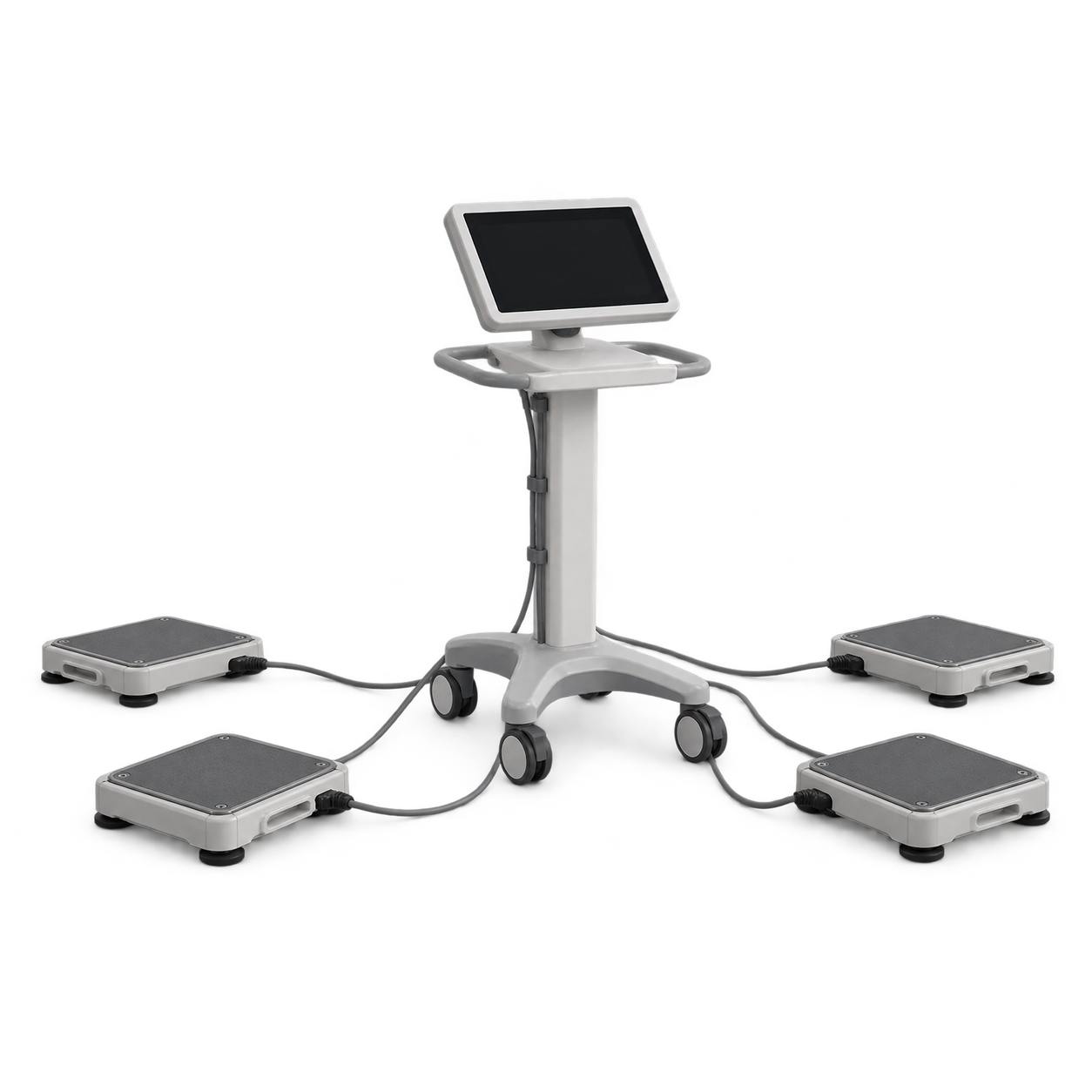 Hospital bed scale system with four low-profile weighing sensors and a mobile display cart