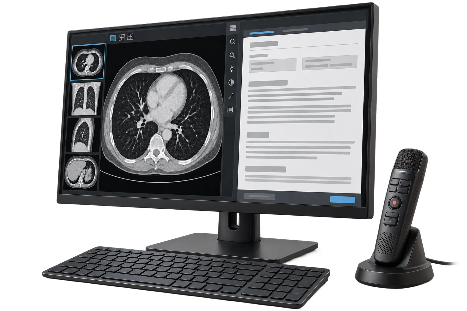 Radiology reporting workstation with a dictation microphone and diagnostic image display