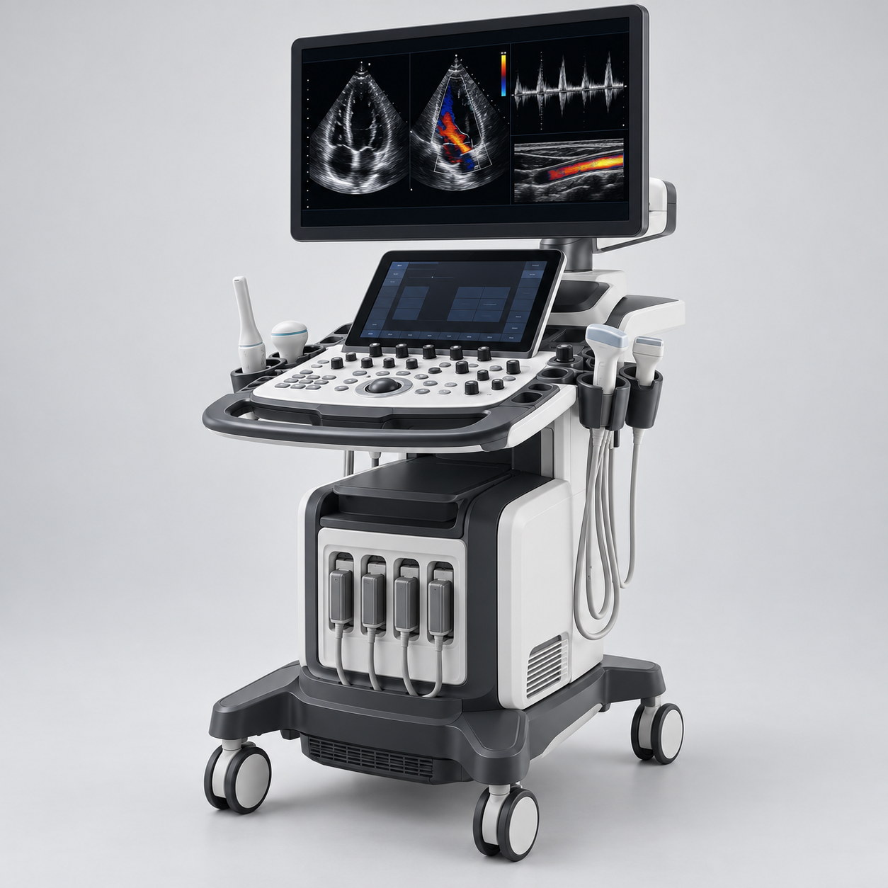 Cardiovascular ultrasound workstation with Doppler waveforms and flow images on screen