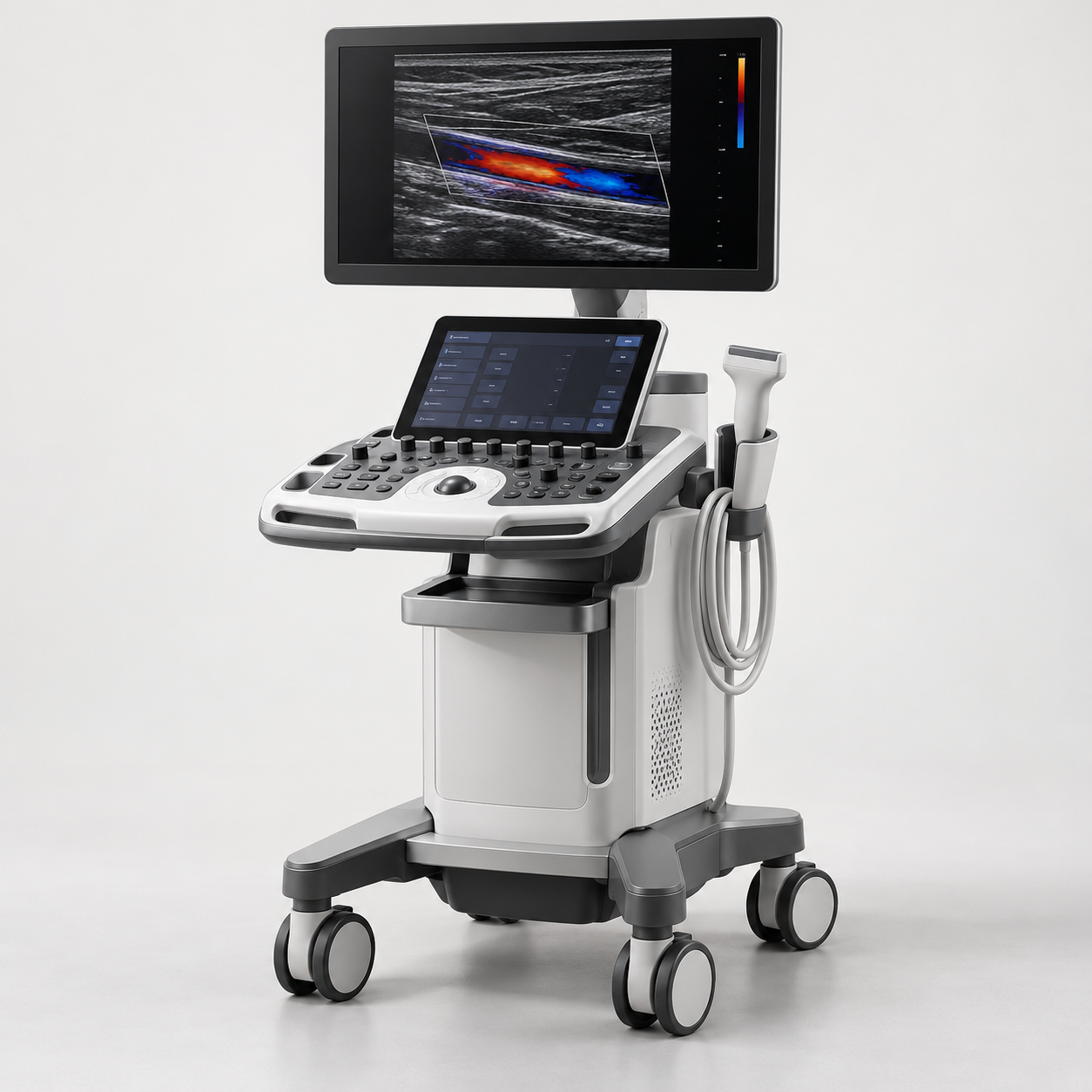 Cart-based ultrasound workstation with a vascular Doppler image on its monitor