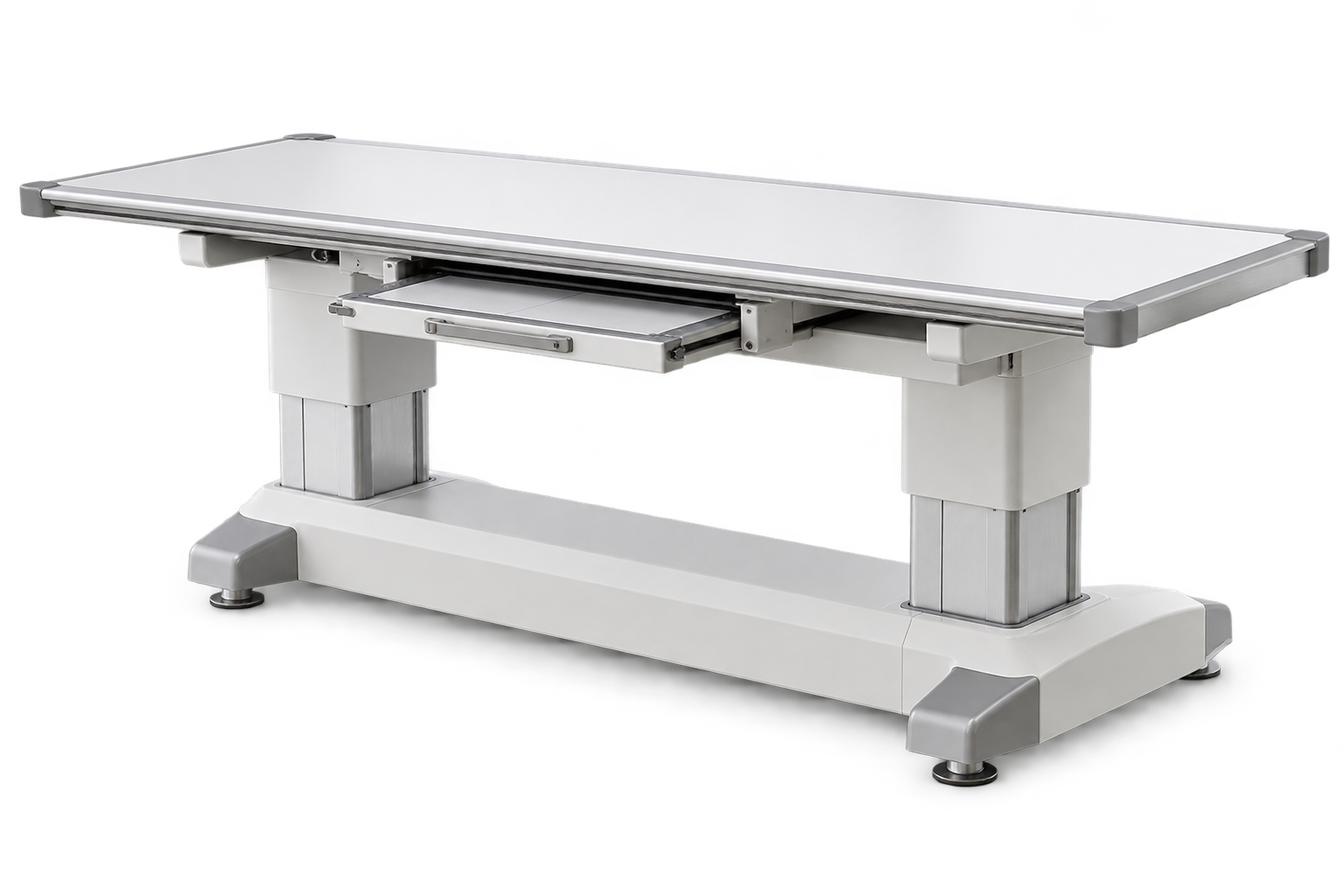 Height-adjustable radiographic Bucky patient table with floating tabletop