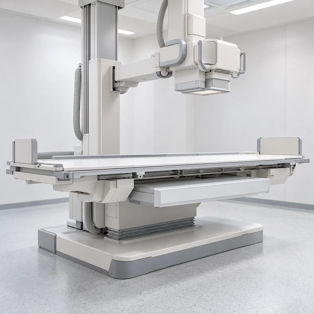 Remote fluoroscopy table system with an overhead X-ray assembly