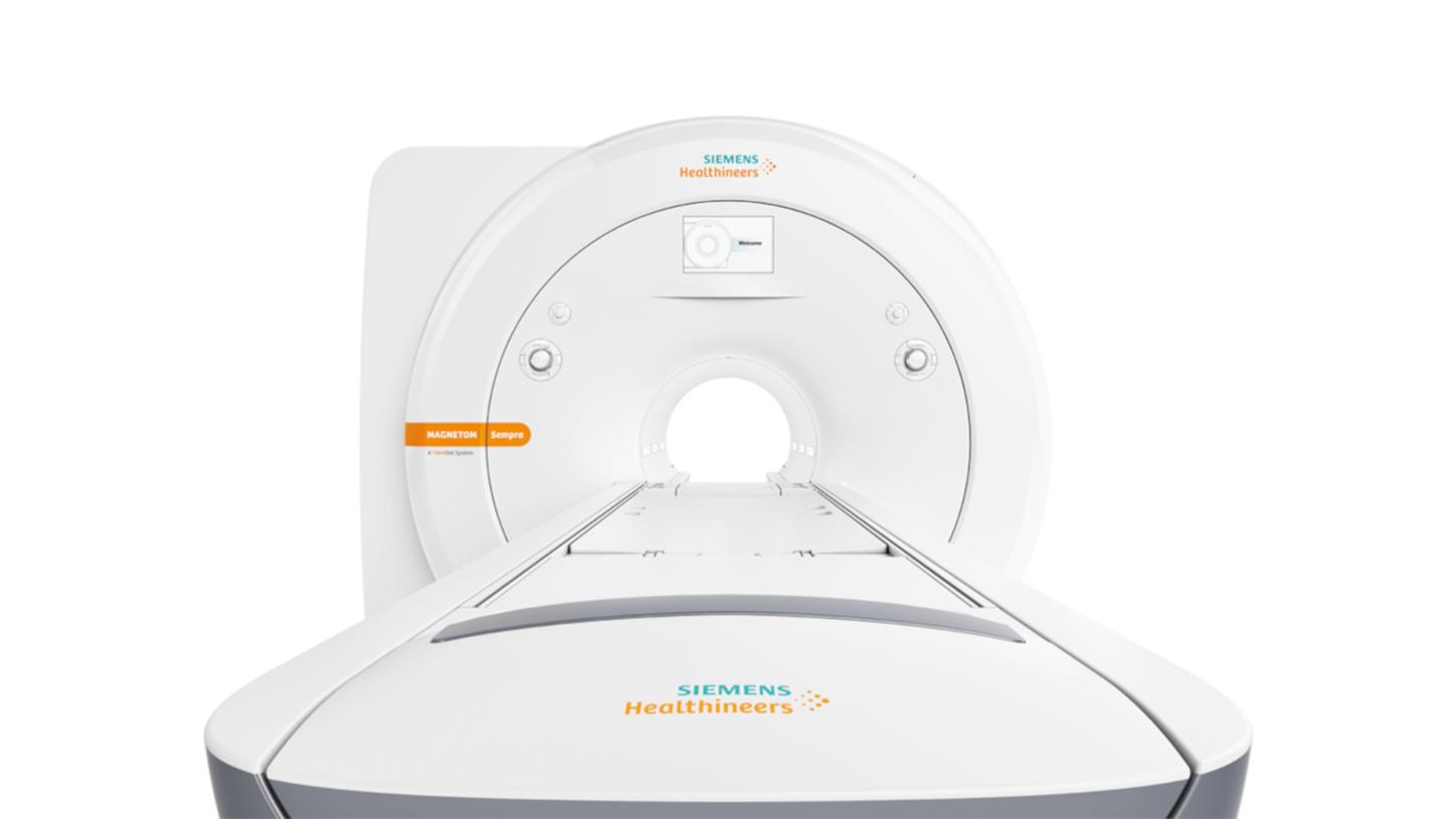 Siemens Healthineers MAGNETOM Sempra MRI scanner with patient table, official manufacturer image