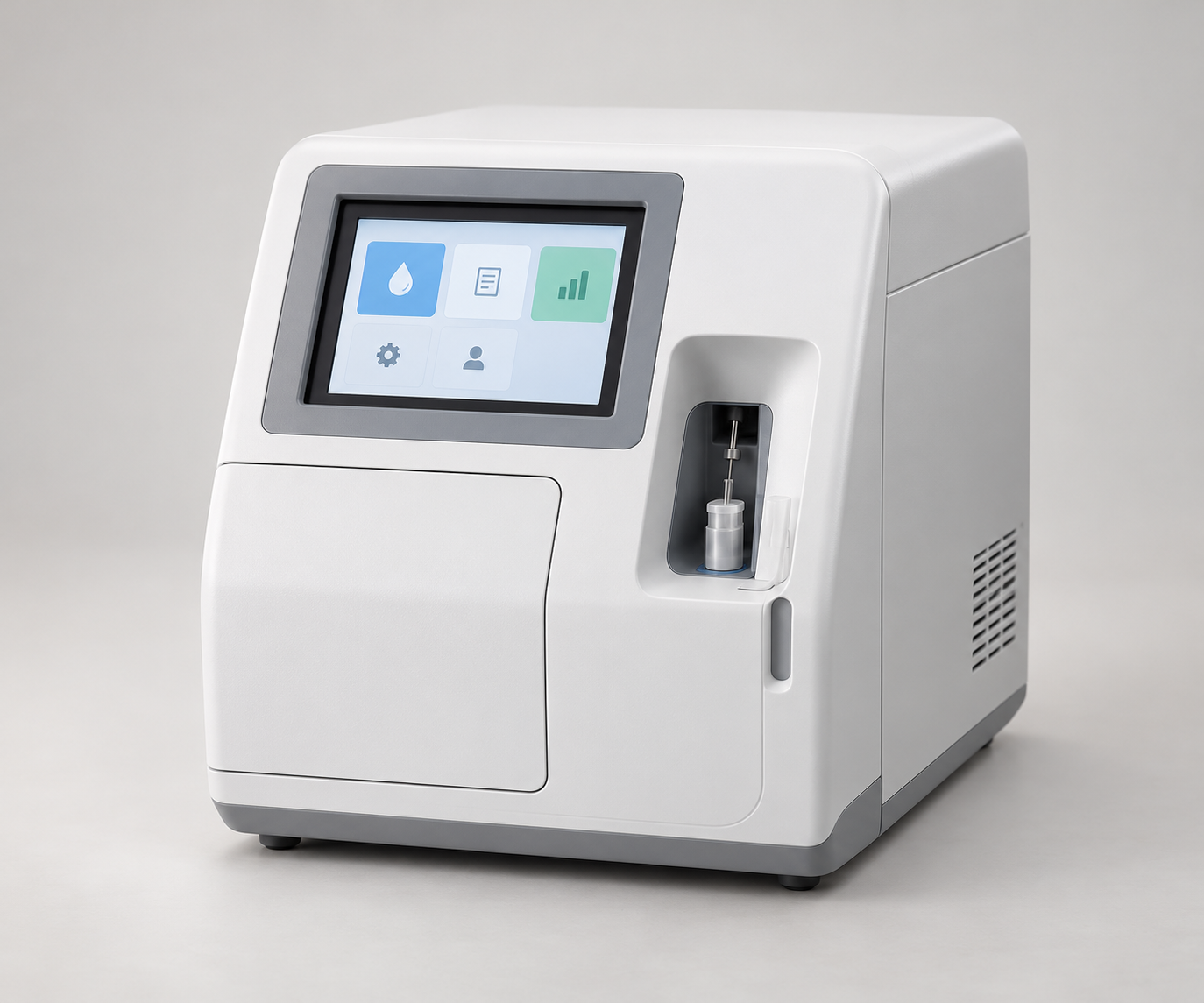 Compact bench-top blood gas analyzer with touchscreen and sample inlet