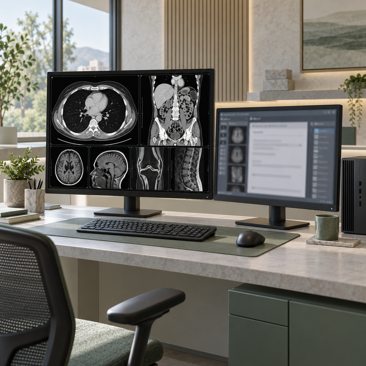 Remote radiology reporting workstation with diagnostic image and structured report displays