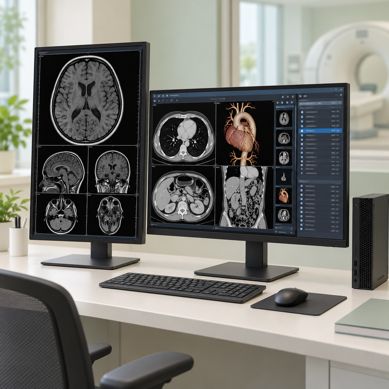 Clinical workstation with diagnostic displays showing CT, MRI and 3-D images