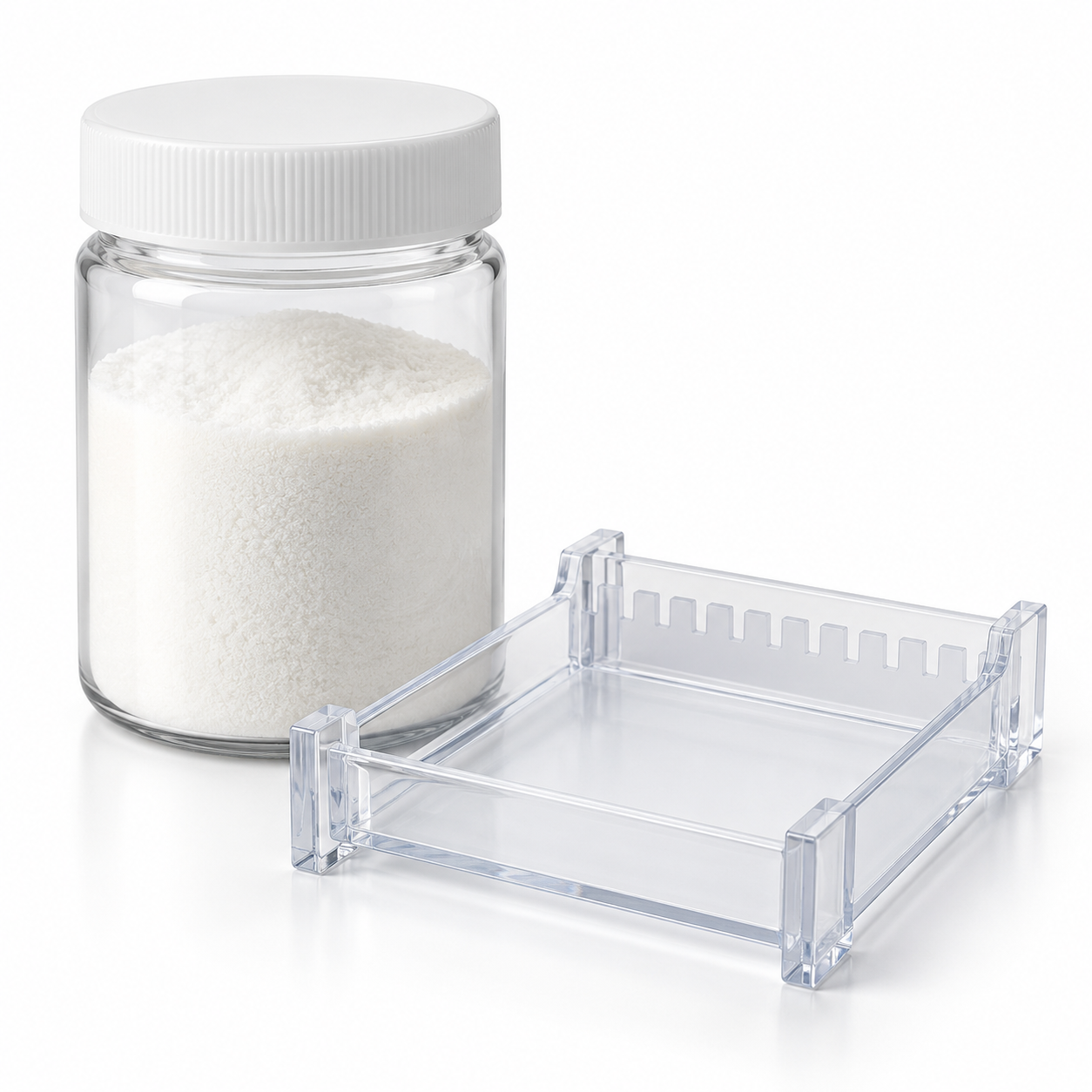 Laboratory agarose powder jar and gel-casting tray