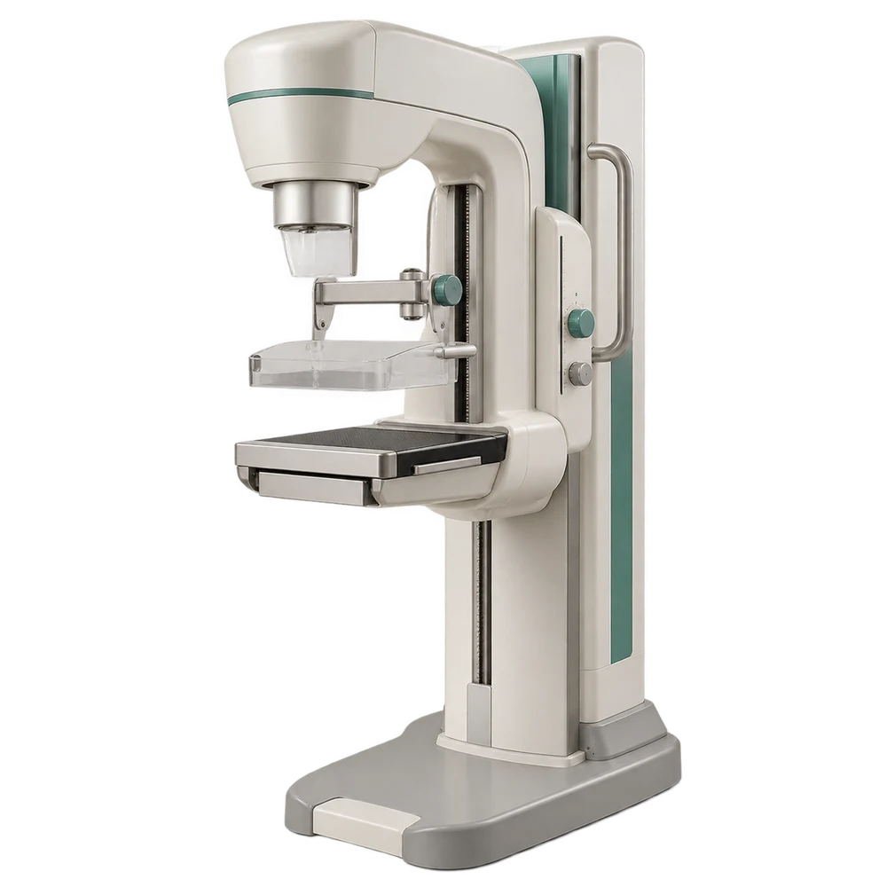 Upright film-screen mammography system with compression paddle and cassette tray