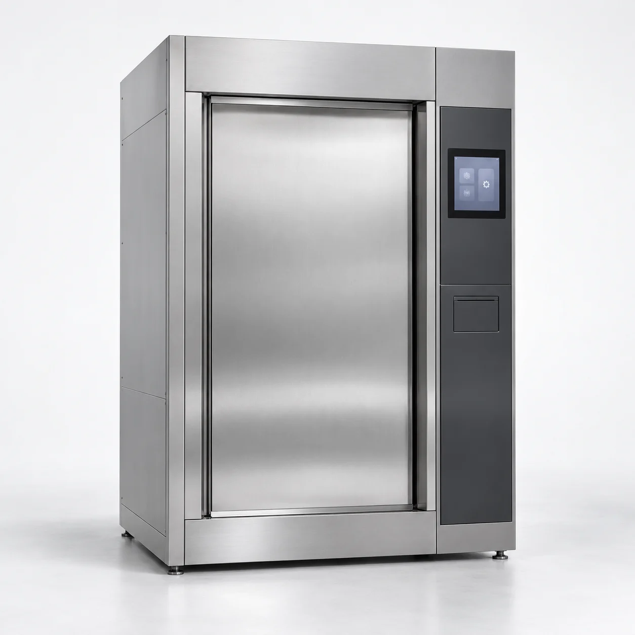 Large floor-standing steam sterilizer cabinet with a central chamber door and touchscreen