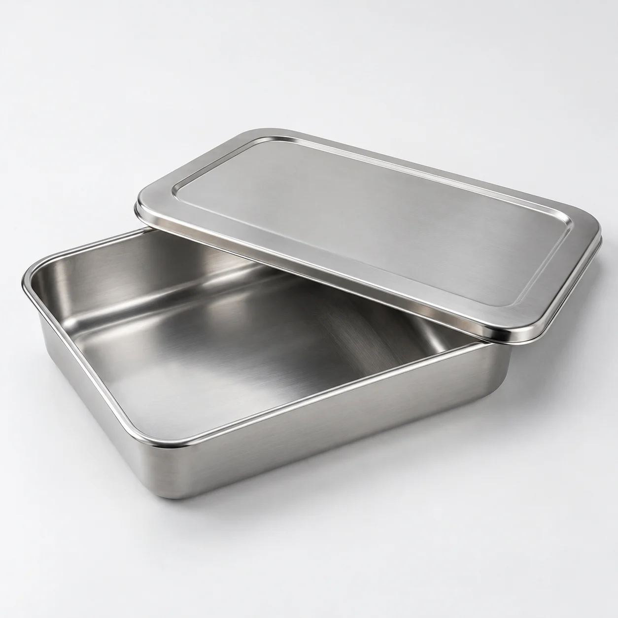 Shallow stainless-steel medical instrument tray with a fitted solid cover