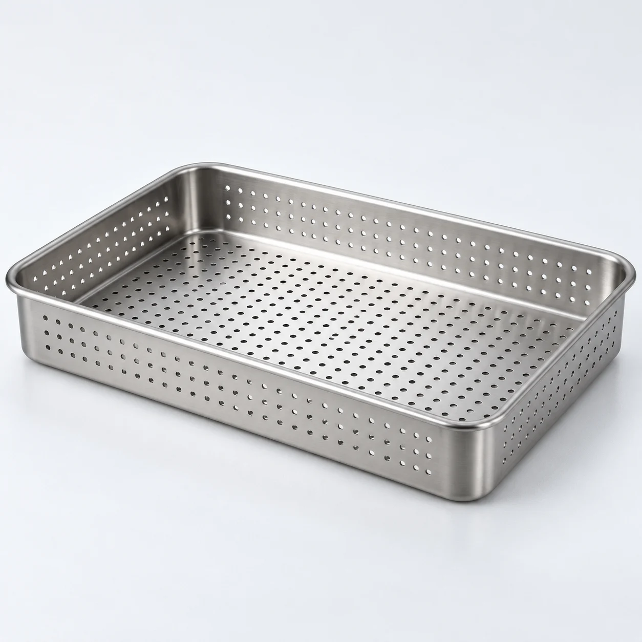 Perforated shallow stainless-steel medical instrument tray