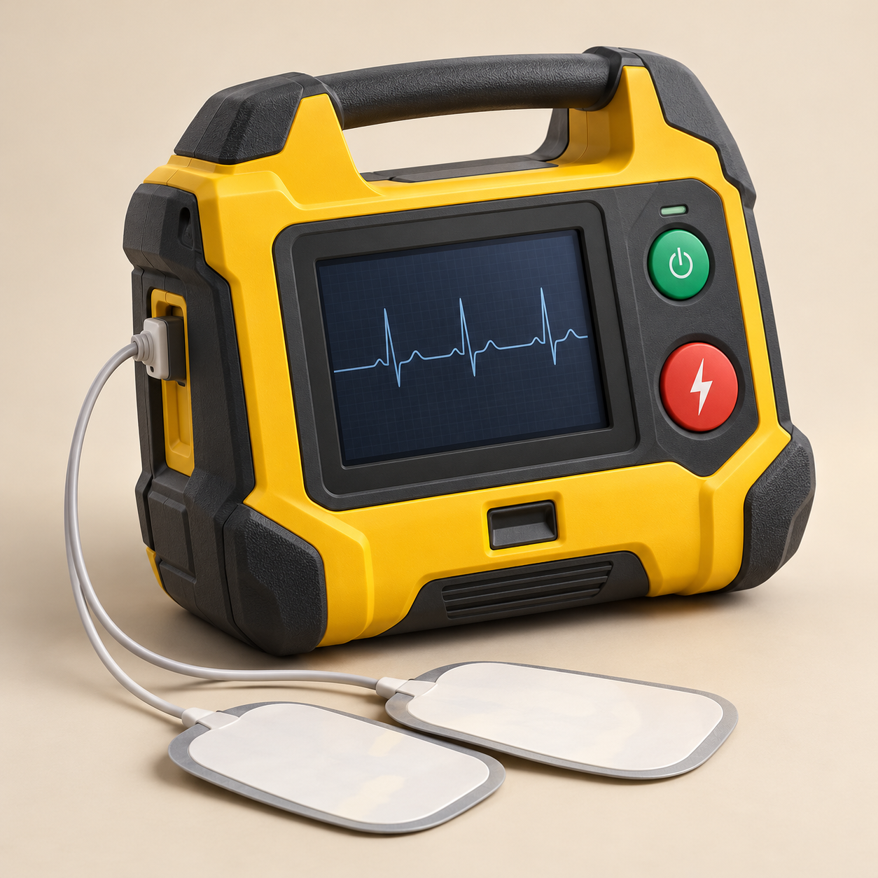Generic high-visibility rugged automated external defibrillator with display, controls and electrode cable