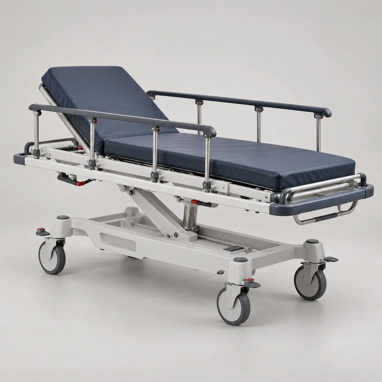 Height-adjustable hospital transport stretcher with side rails and wheeled base