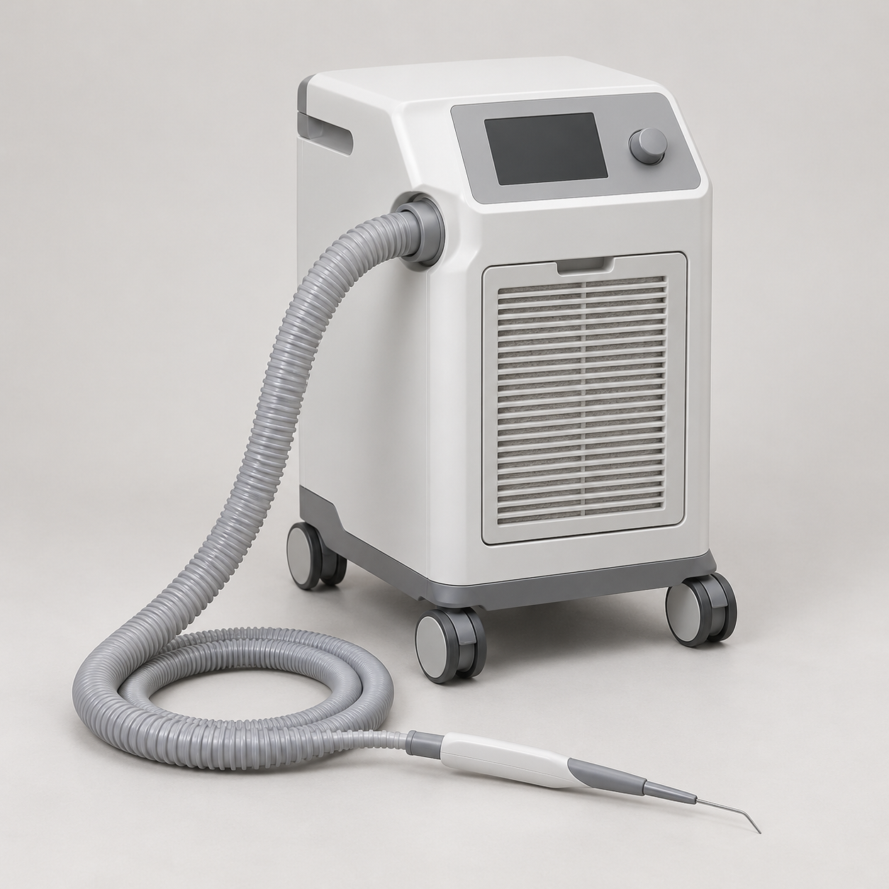Compact portable smoke evacuator with filter panel, suction tubing and handpiece