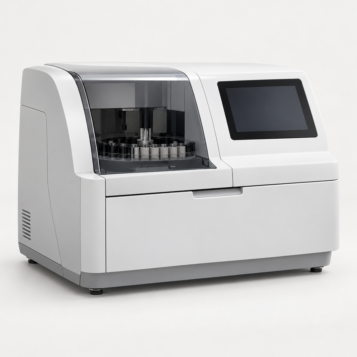 Compact benchtop laboratory analyzer with enclosed sample area and touchscreen