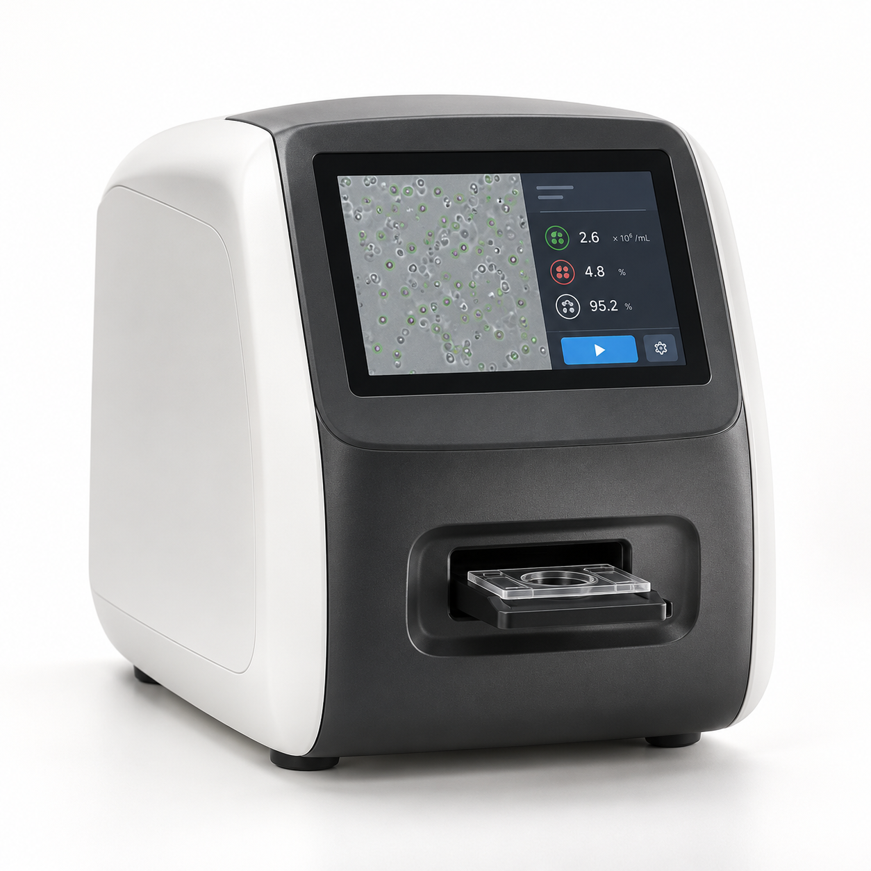 Benchtop automated cell counter with sample-slide port and touchscreen