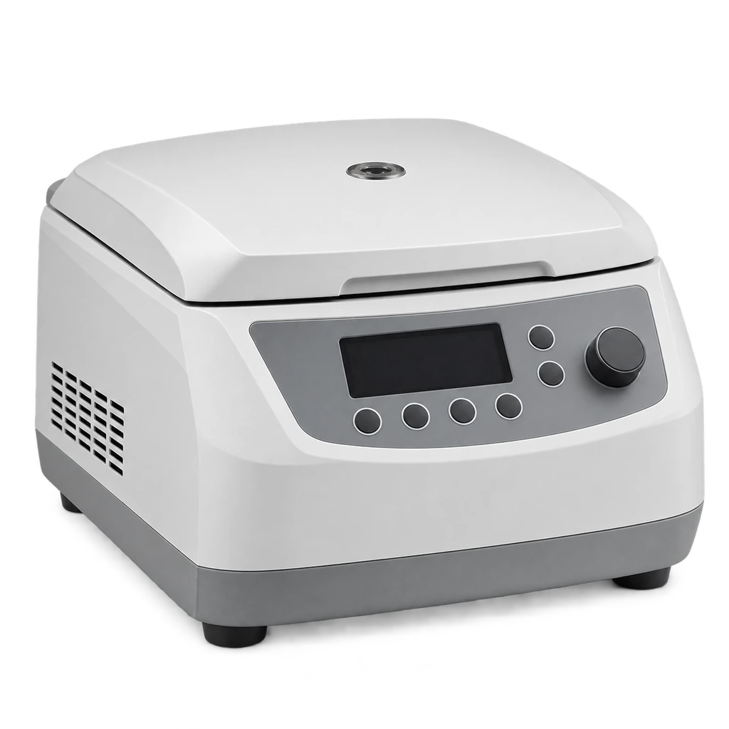 Enclosed benchtop laboratory centrifuge with closed safety lid and front controls