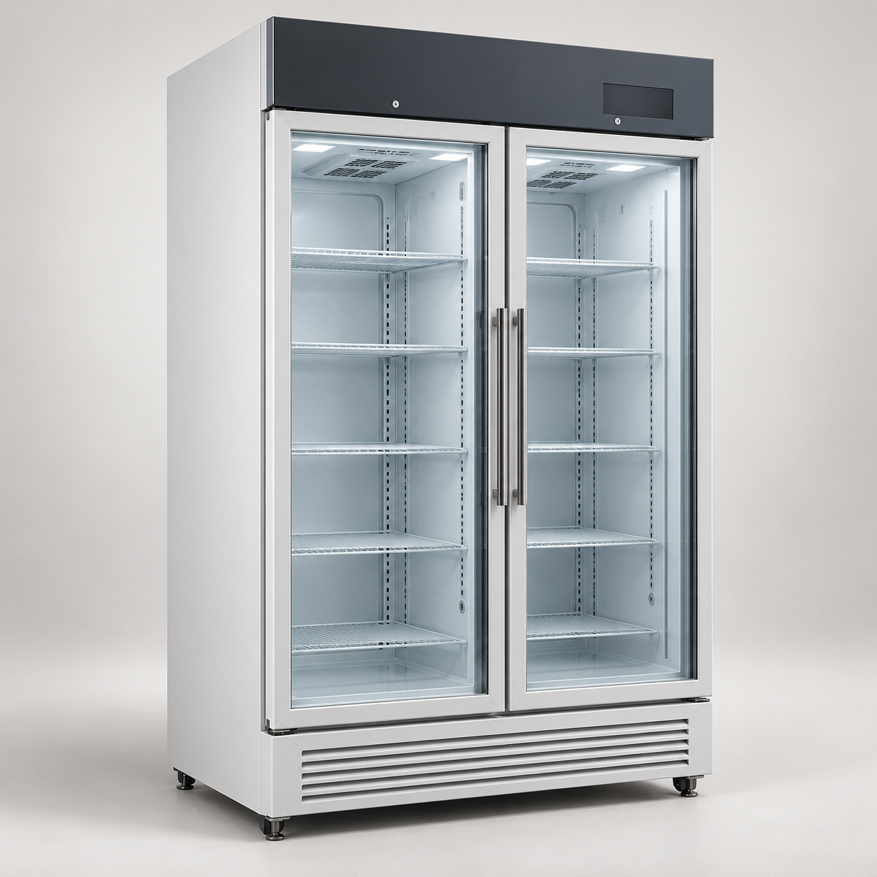 Large double-door glass-front laboratory refrigerator