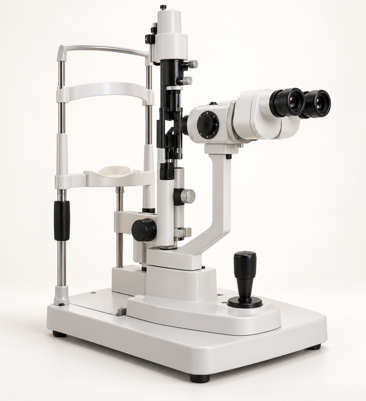 Slit lamp biomicroscope with binocular viewing head and tower illumination