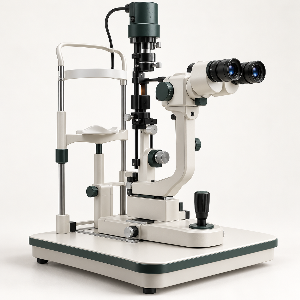 Ophthalmic slit lamp biomicroscope with patient chin rest and microscope eyepieces