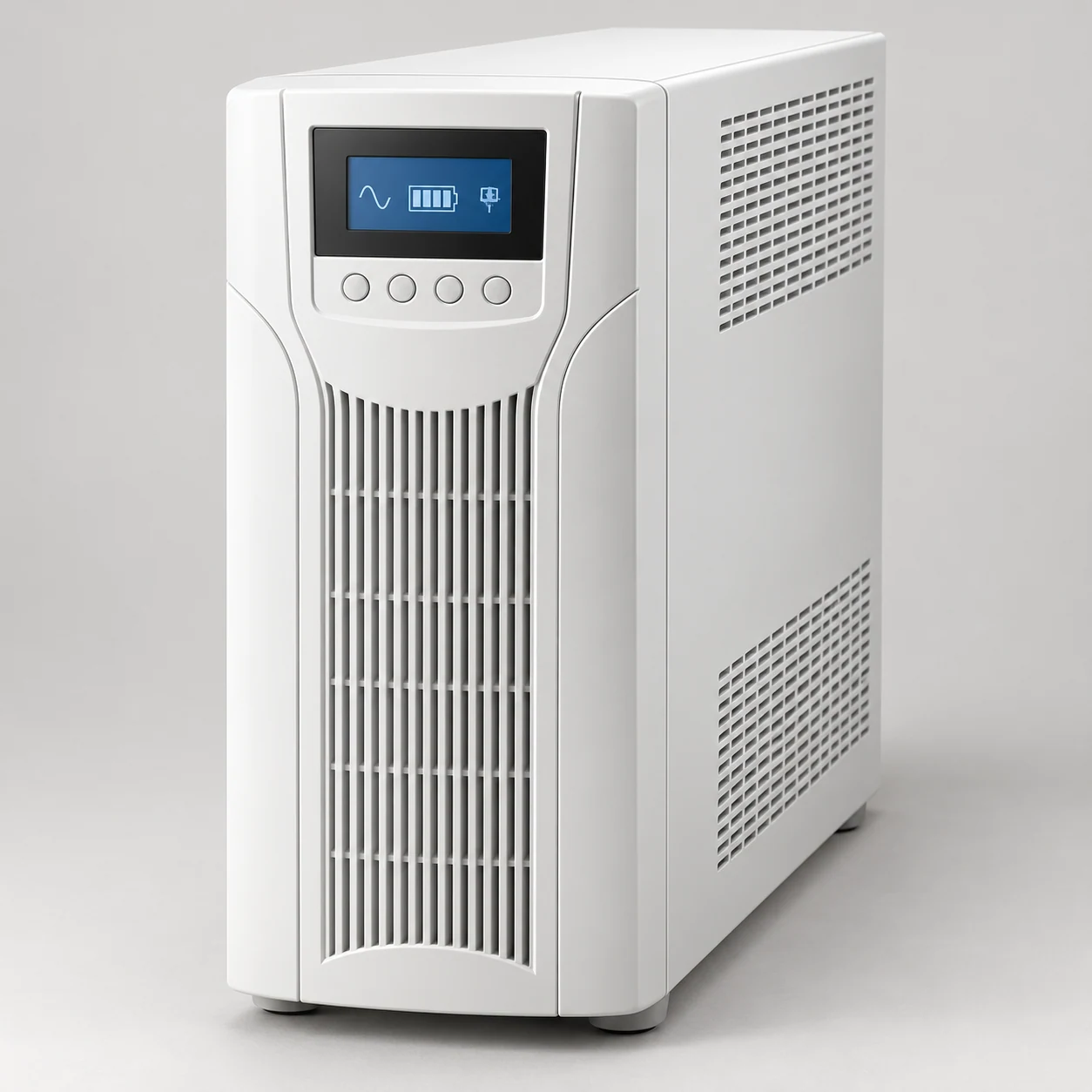 White medical UPS tower with a front status screen and discreet ventilation