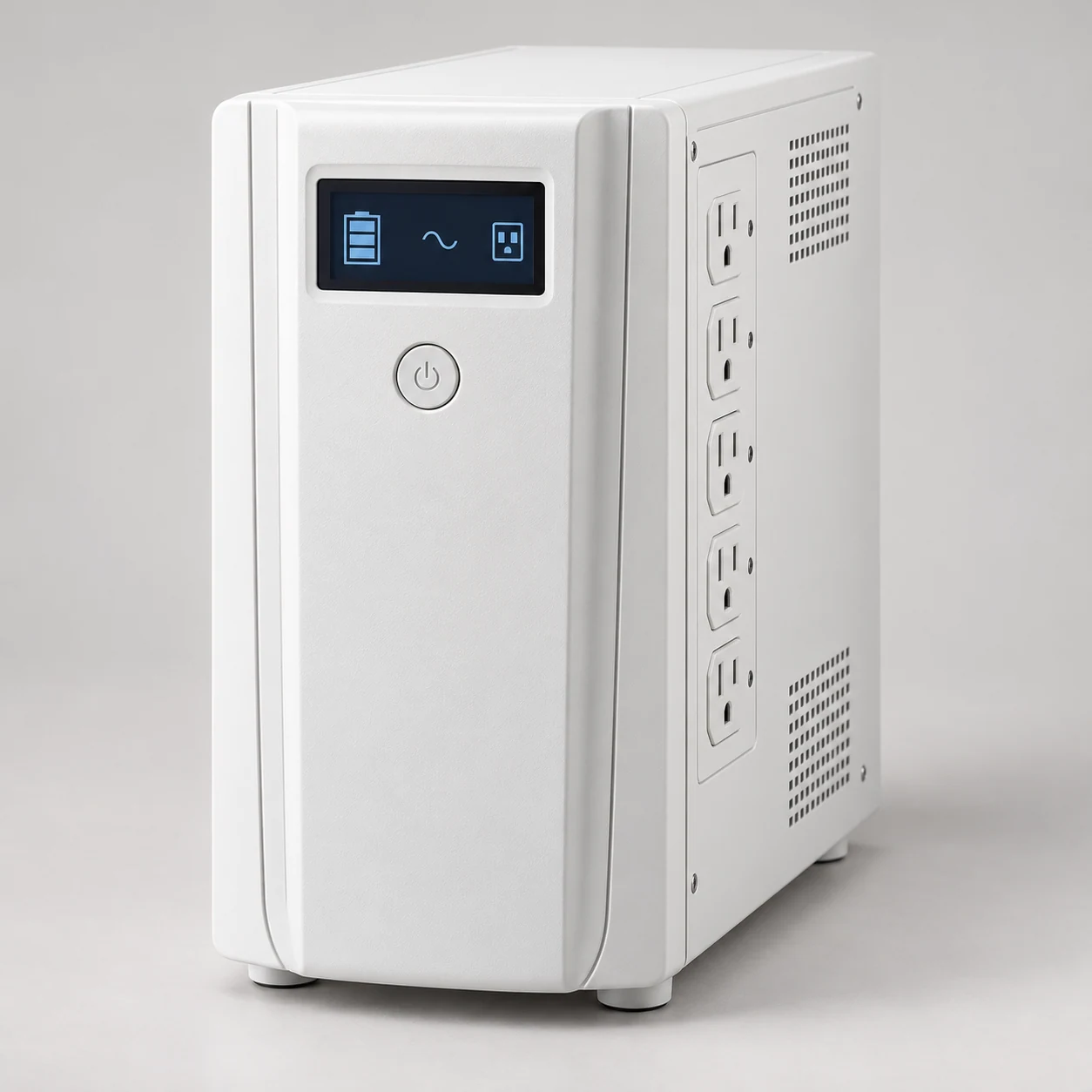 White tower UPS with a compact display and hospital-grade outlet panel