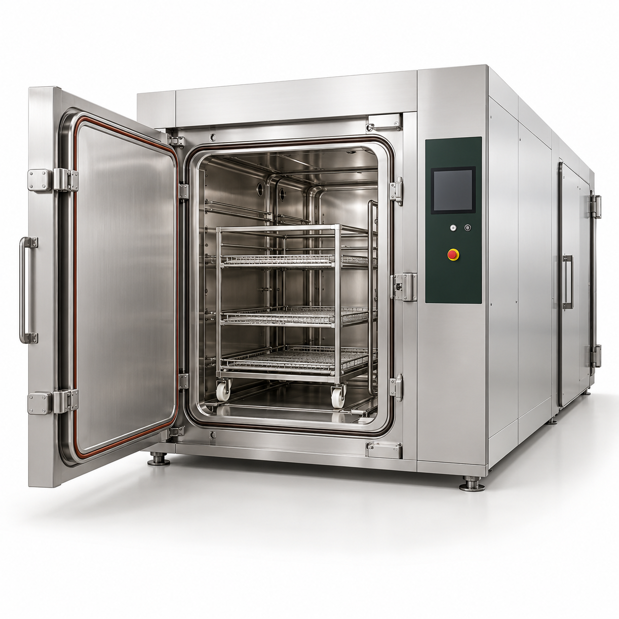 Large horizontal hospital autoclave with open stainless-steel chamber and loading rack