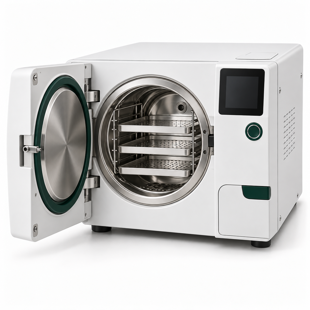 Tabletop steam autoclave with open circular chamber and internal instrument trays