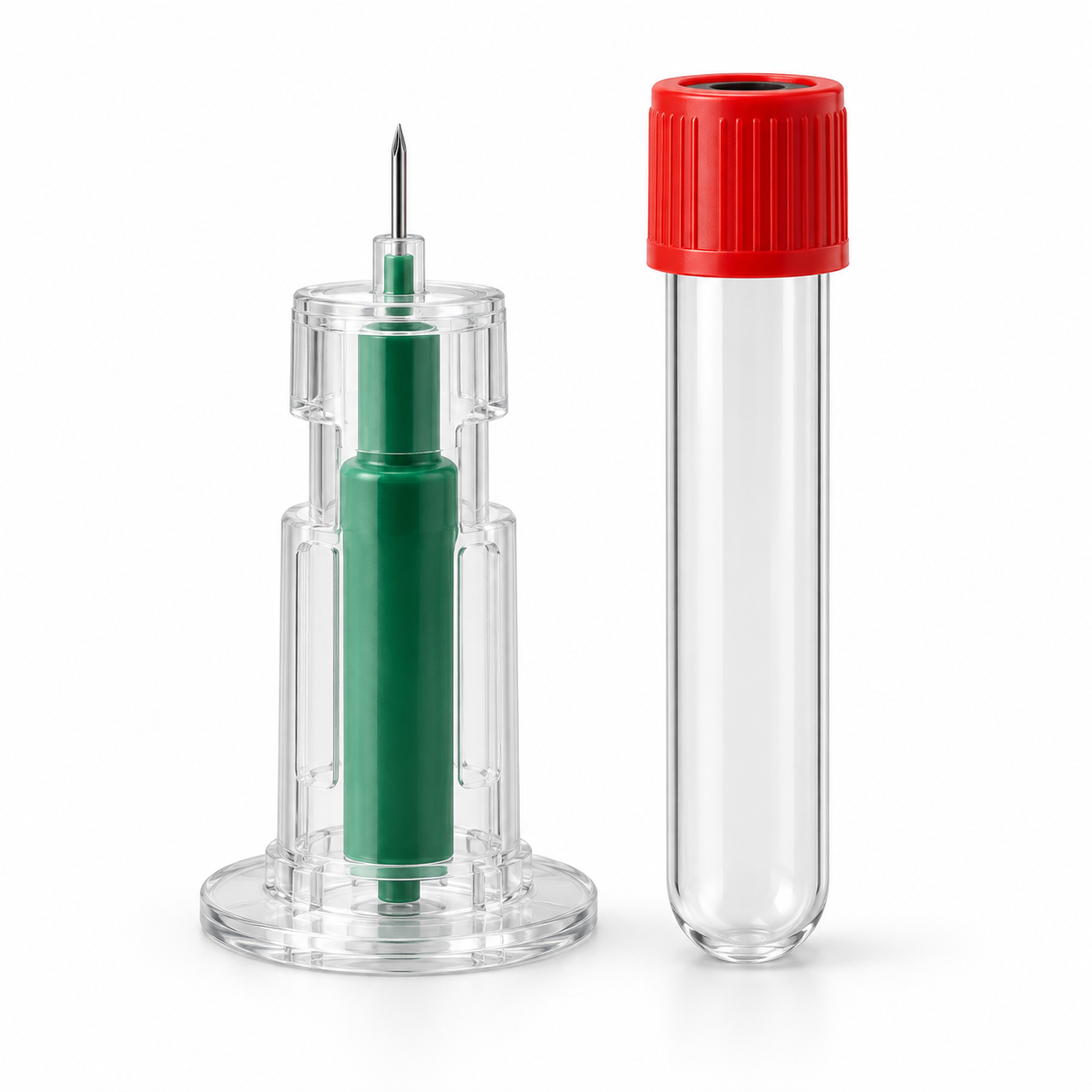 Clear single-use segment sampling device beside a capped collection tube