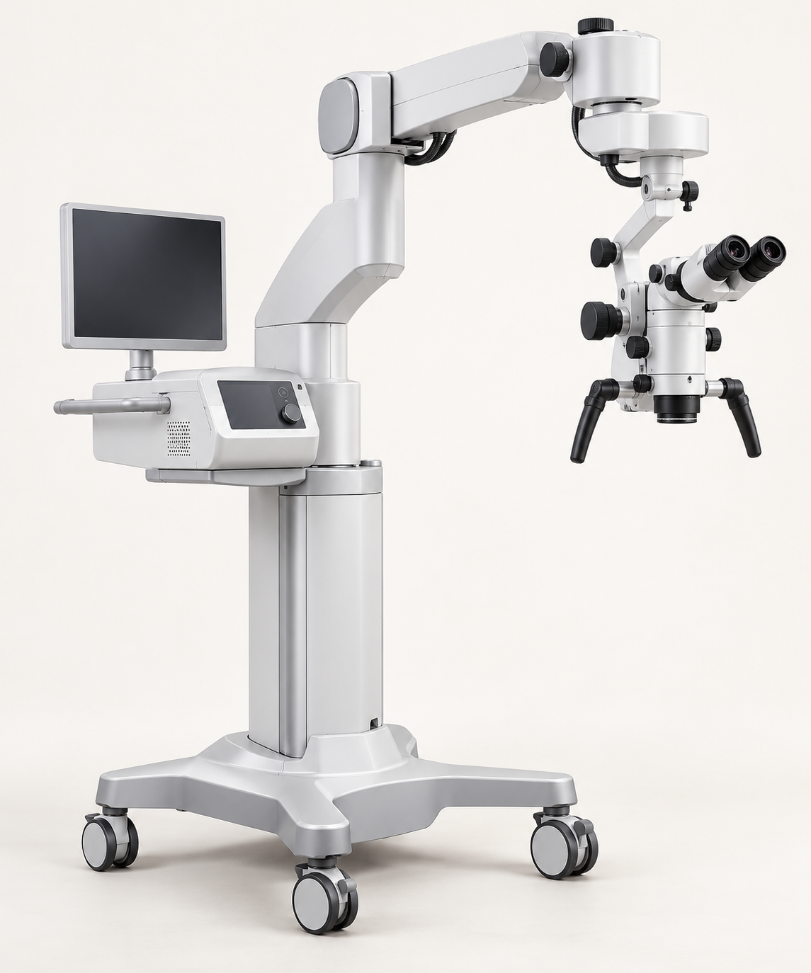 Ophthalmic surgical microscope with binocular viewing head, articulated arm and floor stand